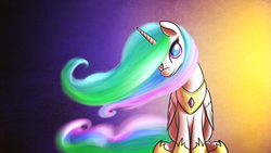 Size: 1920x1080 | Tagged: safe, artist:shydale, princess celestia, g4, female, hair over one eye, looking at you, sitting, smiling, solo