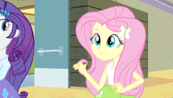 Size: 640x360 | Tagged: safe, edit, edited screencap, screencap, fluttershy, pinkie pie, rarity, equestria girls, g4, my little pony equestria girls: rainbow rocks, animated, cartoon physics, face stealer, female, literal face off, no face, parody, poster