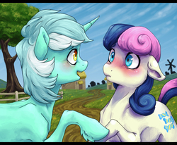 Size: 1090x900 | Tagged: safe, artist:koviry, bon bon, lyra heartstrings, sweetie drops, earth pony, pony, unicorn, g4, blushing, cottagecore, female, floppy ears, lesbian, letterboxing, looking at each other, open mouth, ship:lyrabon, shipping, smiling, tree, unshorn fetlocks, windmill