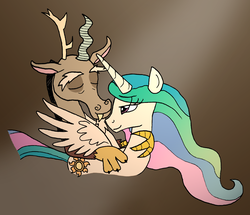 Size: 1476x1272 | Tagged: safe, alternate version, artist:greenlinzerd, discord, princess celestia, g4, eyes closed, female, hug from behind, male, ship:dislestia, shipping, spread wings, straight