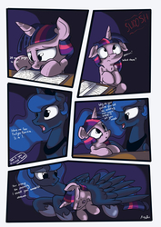 Size: 636x900 | Tagged: dead source, safe, artist:mistydash, princess luna, twilight sparkle, g4, comic, go to sleep, hug, reading, sleeping, winghug