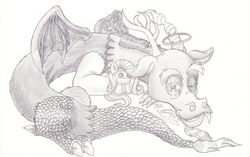 Size: 1024x643 | Tagged: safe, artist:inurantchan, discord, fluttershy, g4, monochrome, plushie, traditional art