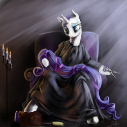 Size: 4000x4000 | Tagged: safe, artist:silfoe, rarity, unicorn, semi-anthro, g4, absurd resolution, bald, brush, chair, clothes, crying, dexterous hooves, featured image, female, fine art parody, frown, hair, hoof hold, pieta, sad, scissors, sitting, solo