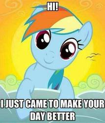 Size: 599x700 | Tagged: artist needed, source needed, safe, screencap, rainbow dash, g4, bronybait, cloud, cloudy, cute, female, image macro, looking at you, meme, needs more jpeg, oh hi there, solo, sun