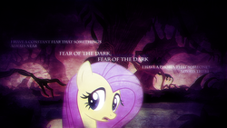 Size: 1920x1080 | Tagged: safe, artist:tzolkine, fluttershy, g4, dark, everfree forest, fear of the dark, iron maiden, lyrics, song reference, vector, wallpaper