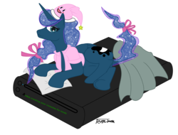 Size: 2900x2200 | Tagged: safe, artist:tentajack, princess luna, alicorn, pony, gamer luna, g4, bed, clothes, female, hat, high res, kirby, kirby (series), mare, nightcap, pajamas, simple background, solo, transparent background, vector, wii u