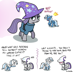 Size: 600x582 | Tagged: safe, artist:foudubulbe, maud pie, trixie, earth pony, pony, comic:damp rocks, g4, accessory swap, blushing, comic, female, lesbian, ship:mauxie, shipping