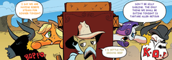 Size: 1400x487 | Tagged: safe, artist:andy price, edit, idw, angus mcsteer, applejack, buffalo bull, rarity, the stranger, bull, g4, argument, comic, ponies eating meat, text edit