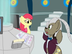 Size: 1024x768 | Tagged: safe, artist:biosonic100, apple bloom, doctor whooves, time turner, g4, bowtie, clothes, doctor who, eleventh doctor, frock coat, older, shirt, tardis, tardis console room, tardis control room, the doctor