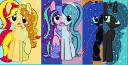 Size: 1247x640 | Tagged: safe, artist:xxsactaviaxx, adagio dazzle, aria blaze, nightmare moon, queen chrysalis, sonata dusk, sunset shimmer, pony, equestria girls, g4, my little pony equestria girls: rainbow rocks, alternate hairstyle, the dazzlings, what my cutie mark is telling me