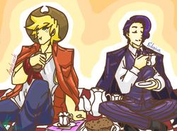 Size: 1985x1466 | Tagged: safe, artist:frideisel, applejack, rarity, human, g4, applejack (male), clothes, eating, elusive, food, humanized, necktie, picnic, rule 63, sitting, tea, teacup, teapot, vest