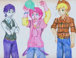 Size: 3148x2423 | Tagged: safe, artist:1gothgrrl, applejack, pinkie pie, rarity, human, equestria girls, g4, applejack (male), bubble berry, clothes, elusive, high res, hoodie, humanized, pony coloring, rule 63, suspenders, traditional art, vest