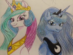 Size: 4160x3120 | Tagged: safe, artist:theroyalprincesses, princess celestia, princess luna, alicorn, pony, g4, back to back, smiling, traditional art