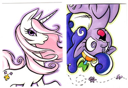 Size: 528x366 | Tagged: safe, artist:retrostarling, fleur-de-lis, screwball, pony, unicorn, g4, concave belly, female, horn, mare, slender, thin, traditional art