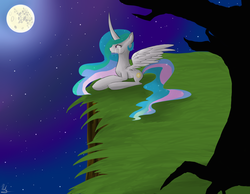 Size: 4500x3500 | Tagged: safe, artist:pinkiamena, princess celestia, g4, crying, curved horn, female, horn, mare in the moon, moon, night, prone, sad, solo, spread wings, stars
