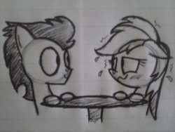 Size: 2048x1536 | Tagged: safe, artist:cross, rainbow dash, soarin', g4, blushing, date, female, male, monochrome, nervous, plewds, shaking, ship:soarindash, shipping, smiling, straight, sweat, traditional art, wavy mouth