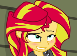 Size: 987x720 | Tagged: safe, edit, edited screencap, screencap, sunset shimmer, equestria girls, g4, my little pony equestria girls: rainbow rocks, blushing, female, inverted mouth, solo
