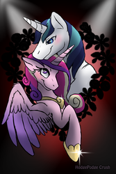 Size: 800x1200 | Tagged: safe, artist:pacificusdraco, princess cadance, shining armor, g4, blushing, bust, jewelry, neck hug, smiling