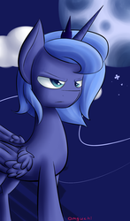 Size: 1000x1700 | Tagged: safe, artist:omguchi, princess luna, g4, female, frown, moon, night, s1 luna, solo