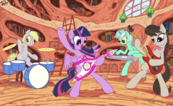 Size: 3508x2152 | Tagged: safe, artist:jowyb, derpy hooves, lyra heartstrings, octavia melody, twilight sparkle, alicorn, earth pony, pegasus, pony, unicorn, g4, band, bipedal, drums, female, gitaroo, gitaroo man, golden oaks library, guitar, high res, keyboard, mare, musical instrument, open mouth, rehearsal, rock band, twilight sparkle (alicorn)