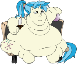 Size: 2941x2457 | Tagged: safe, artist:fatponysketches, allie way, pony, unicorn, g4, blob, bowling, bowling ball, chair, double chin, fat, high res, lazy, morbidly obese, obese, seats, sitting, solo, trophy