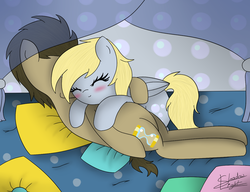 Size: 1024x788 | Tagged: safe, artist:shadowlight28, derpy hooves, pegasus, pony, g4, cuddling, doctor, duo, female, mare, snuggling