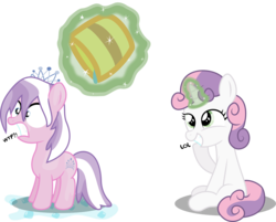 Size: 13233x10647 | Tagged: safe, artist:bigdream64, diamond tiara, sweetie belle, earth pony, pony, unicorn, g4, absurd resolution, female, filly, grin, gritted teeth, ice bucket challenge, levitation, lol, magic, simple background, sitting, smiling, sweetie belle's magic brings a great big smile, sweetie troll, telekinesis, transparent background, vector, wet mane
