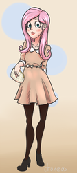 Size: 485x1080 | Tagged: safe, artist:draneas, fluttershy, human, 60's fashion, 60s, clothes, dress, female, high heels, humanized, pantyhose, purse, solo, tights