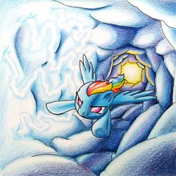 Size: 1024x1024 | Tagged: safe, artist:dynamiclines, rainbow dash, g4, cloud, cloudy, female, flying, lightning, solo, traditional art, tunnel