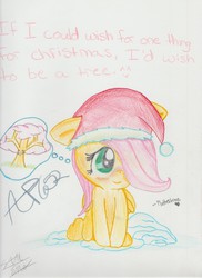 Size: 2550x3507 | Tagged: dead source, safe, artist:angelicprincess653, fluttershy, g4, christmas, cute, female, filly, floppy ears, fluttertree, hat, heart, high res, imagining, santa hat, sitting, smiling, solo, thought bubble, traditional art