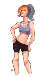 Size: 600x1009 | Tagged: safe, artist:dashleigh, rainbow dash, human, g4, belly button, clothes, female, humanized, midriff, pixiv, solo, sports bra