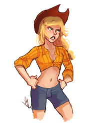 Size: 600x776 | Tagged: safe, artist:dashleigh, applejack, human, g4, belly button, clothes, female, humanized, midriff, pixiv, shorts, solo