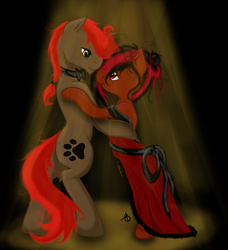 Size: 950x1043 | Tagged: safe, oc, oc only, oc:fenrir bloodmoon, oc:shear edge, pony, unicorn, clothes, dancing, dress, female, gala, male, mare, rose, shipping, stallion, straight