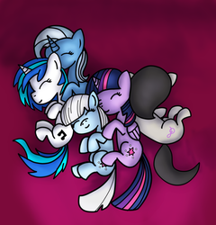 Size: 2281x2377 | Tagged: safe, artist:pinklafter, dj pon-3, octavia melody, photo finish, trixie, twilight sparkle, vinyl scratch, alicorn, pony, g4, cuddle puddle, cuddling, fanfic art, female, high res, hug, mare, pony pile, sleeping, snuggling, twilight sparkle (alicorn)