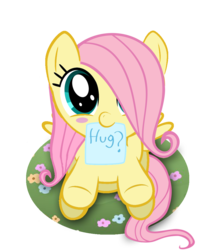 Size: 900x1070 | Tagged: dead source, safe, artist:whitecloud72988, fluttershy, pegasus, pony, g4, blush sticker, blushing, bronybait, cute, daaaaaaaaaaaw, female, filly, foal, hair over one eye, hnnng, hug, hug request, looking at you, mouth hold, shyabetes, sign, simple background, smiling, solo, transparent background