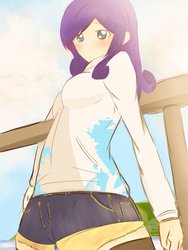 Size: 774x1032 | Tagged: safe, artist:orz1515, rarity, human, g4, anime weekend atlanta, clothes, female, humanized, jeans, shorts, solo, tracksuit