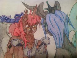 Size: 960x717 | Tagged: safe, princess luna, queen chrysalis, oc, oc:fenrir bloodmoon, g4, armor, traditional art, unconscious