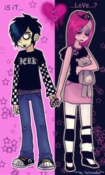Size: 600x1000 | Tagged: safe, artist:technaro, pinkie pie, human, g4, clothes, comic sans, converse, crossover shipping, dan, dan pie, dan vs, emo, eyeshadow, female, goth, gothic pinkie, heart, holding hands, humanized, jeans, male, pinkamena diane pie, shipping, shoes, skirt, stockings, straight, teddy bear, tiara