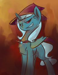 Size: 700x907 | Tagged: source needed, safe, artist:ask-emo-and-vampire-dash, trixie, pony, unicorn, g4, alicorn amulet, dark, dark magic, evil, evil smile, female, grin, looking back, magic, mare, smiling, solo