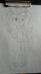 Size: 575x1024 | Tagged: safe, artist:deon miller, fluttershy, equestria girls, g4, clothes, cute, drawing, female, hoodie, lined paper, monochrome, photo, shoes, shy, shyabetes, solo, traditional art
