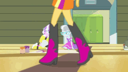 Size: 795x447 | Tagged: safe, screencap, bright idea, diamond tiara, golden hazel, mystery mint, normal norman, silver spoon, starlight, sunset shimmer, equestria girls, g4, my little pony equestria girls: rainbow rocks, animated, background human, backwards, boots, boots shot, clothes, high heel boots, legs, moonwalk, pictures of legs, shoes, walking