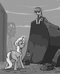 Size: 532x654 | Tagged: safe, artist:koviry, maud pie, trixie, g4, duo, grayscale, mining, monochrome