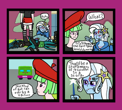 Size: 1338x1208 | Tagged: safe, artist:oneovertwo, drama letter, queen chrysalis, trixie, watermelody, comic:trixie enemy of, comic:trixie enemy of a rare situation, equestria girls, g4, background human, comic