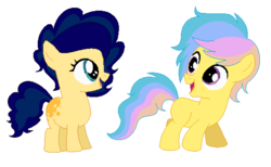Size: 560x346 | Tagged: safe, artist:unoriginai, oc, oc only, earth pony, pony, blank flank, colt, cousins, crack shipping, cute, duo, filly, male, ocbetes, offspring, parent:braeburn, parent:cheese sandwich, parent:princess celestia, parent:princess luna, parents:celestiburn, parents:lunacheese, simple background, sweet dreams fuel, white background