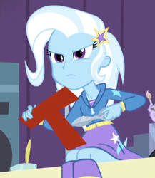 Size: 625x720 | Tagged: safe, screencap, trixie, equestria girls, g4, rainbow rocks, angry, clothes, cropped, female, jacket, paintbrush, scissors, skirt, solo, t