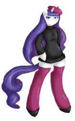 Size: 5000x8000 | Tagged: safe, artist:avante92, rarity, anthro, unguligrade anthro, g4, absurd resolution, arm hooves, beatnik rarity, bedroom eyes, beret, blushing, clothes, female, hat, shoes, solo, stockings, sweater, sweater dress, thigh highs