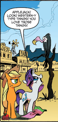 Size: 399x831 | Tagged: safe, idw, official comic, applejack, rarity, vulture, g4, spoiler:comic, spoiler:comicff8, apple, applejack is not amused, food, stereotype, unamused, uninterested
