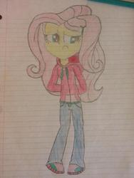 Size: 768x1024 | Tagged: safe, artist:deon miller, fluttershy, equestria girls, g4, clothes, cute, female, hoodie, lined paper, shyabetes, solo, traditional art