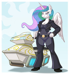 Size: 500x532 | Tagged: source needed, useless source url, safe, artist:chadrocco, princess celestia, anthro, belt, biker, biker princess from equestria, boots, breasts, busty princess celestia, cleavage, clothes, high heel boots, hoverbike, jacket, jeans, leather jacket, leotard, pants, shoes, swimsuit
