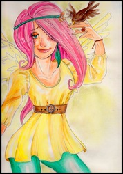 Size: 2536x3564 | Tagged: safe, artist:killa7, fluttershy, human, g4, high res, hippie, hippieshy, humanized, peace sign